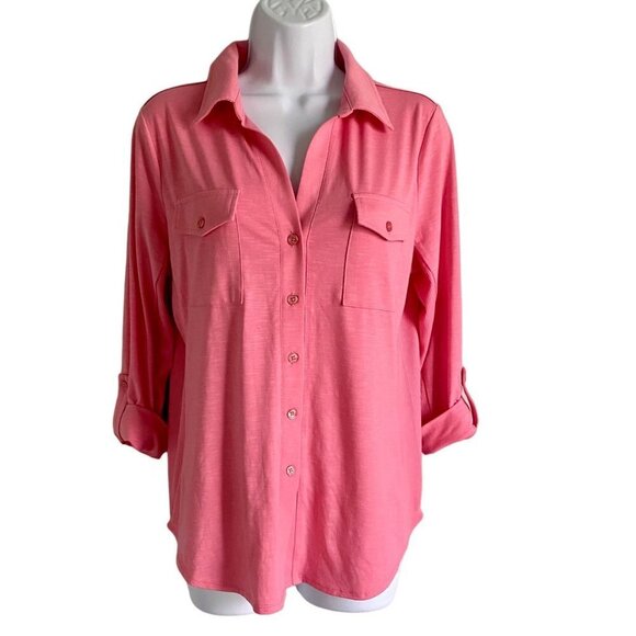 Kiss & Fly Pink Button Down Shirt Roll Tab Sleeves Women's Size Medium - Picture 2 of 10